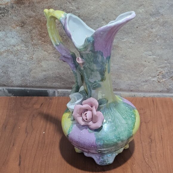 Vintage Floral Rose Pitcher Footed Vase With Handle - Picture 8 of 12